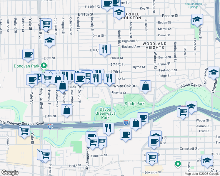 map of restaurants, bars, coffee shops, grocery stores, and more near 2631 White Oak Drive in Houston