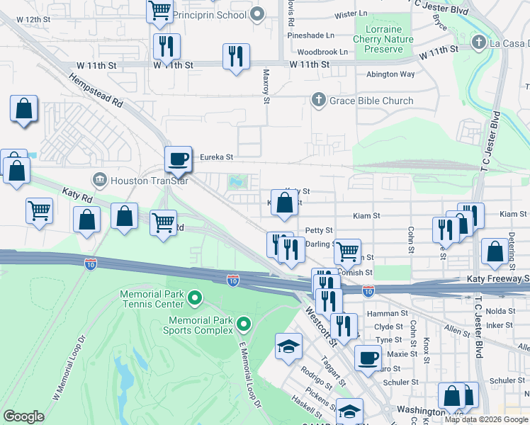 map of restaurants, bars, coffee shops, grocery stores, and more near 6001 Kiam Street in Houston