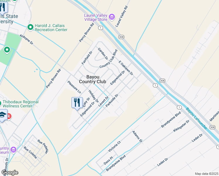 map of restaurants, bars, coffee shops, grocery stores, and more near 511 Edgewood Drive in Thibodaux
