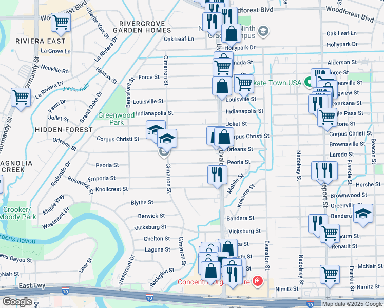 map of restaurants, bars, coffee shops, grocery stores, and more near 13355 Peoria Street in Houston