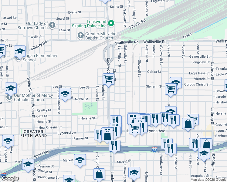 map of restaurants, bars, coffee shops, grocery stores, and more near 5614 Nichols Street in Houston