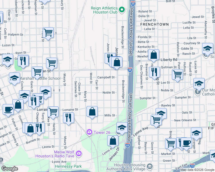 map of restaurants, bars, coffee shops, grocery stores, and more near 2109 Davis Street in Houston