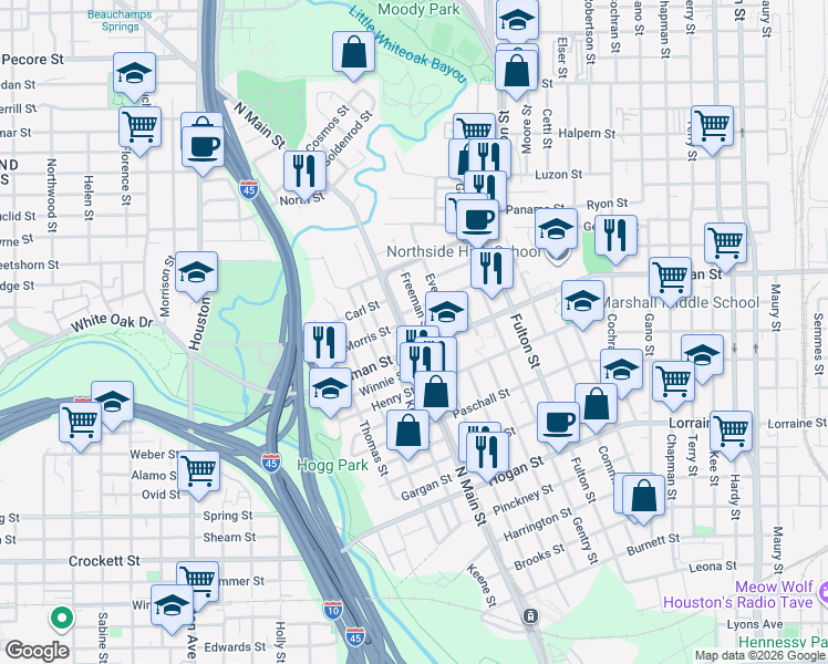 map of restaurants, bars, coffee shops, grocery stores, and more near in Houston