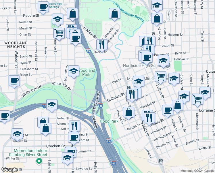 map of restaurants, bars, coffee shops, grocery stores, and more near 2408 Thomas Street in Houston