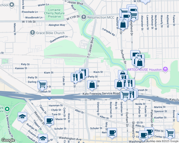 map of restaurants, bars, coffee shops, grocery stores, and more near 504 T C Jester Boulevard in Houston