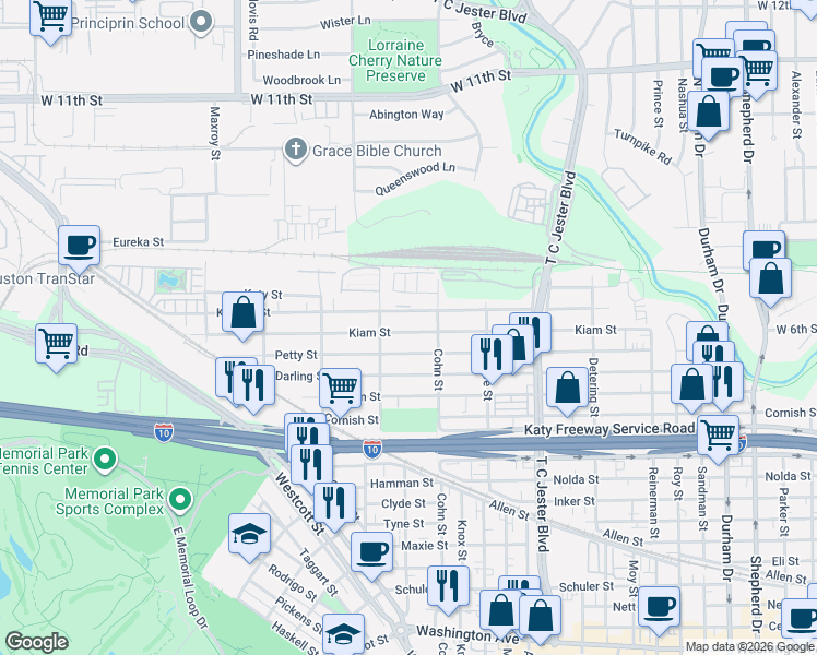 map of restaurants, bars, coffee shops, grocery stores, and more near 5607 Kiam Street in Houston