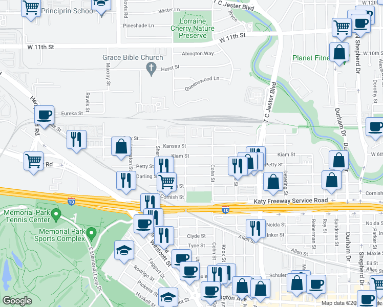 map of restaurants, bars, coffee shops, grocery stores, and more near 5639 Kiam Street in Houston