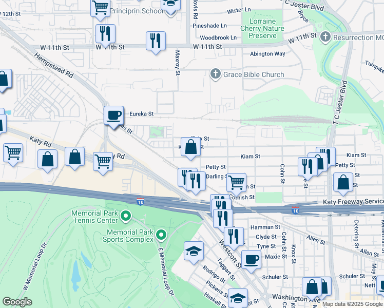 map of restaurants, bars, coffee shops, grocery stores, and more near 5927 Kiam Street in Houston