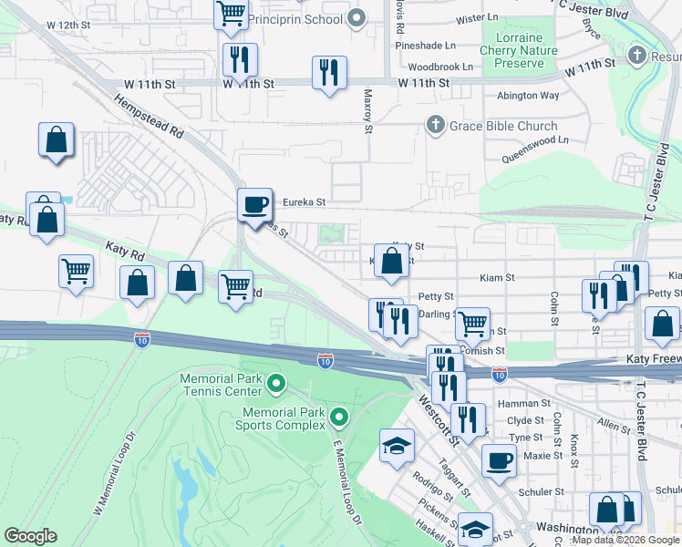 map of restaurants, bars, coffee shops, grocery stores, and more near 6001 Kiam Street in Houston