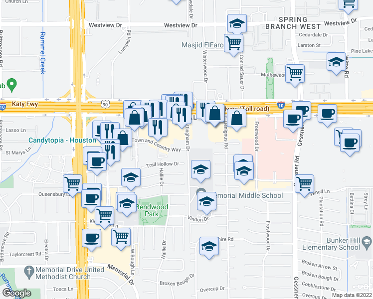 map of restaurants, bars, coffee shops, grocery stores, and more near 10409 Town & Country Way in Houston