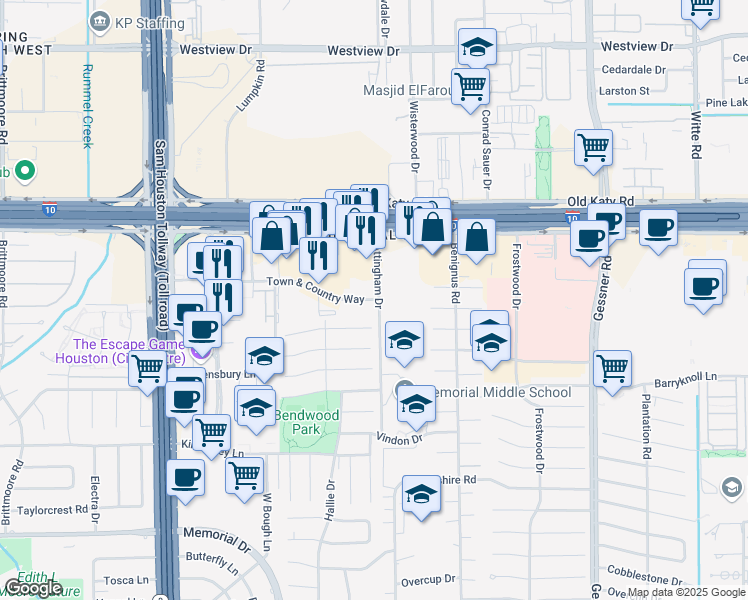 map of restaurants, bars, coffee shops, grocery stores, and more near 10409 Town and Country Way in Houston