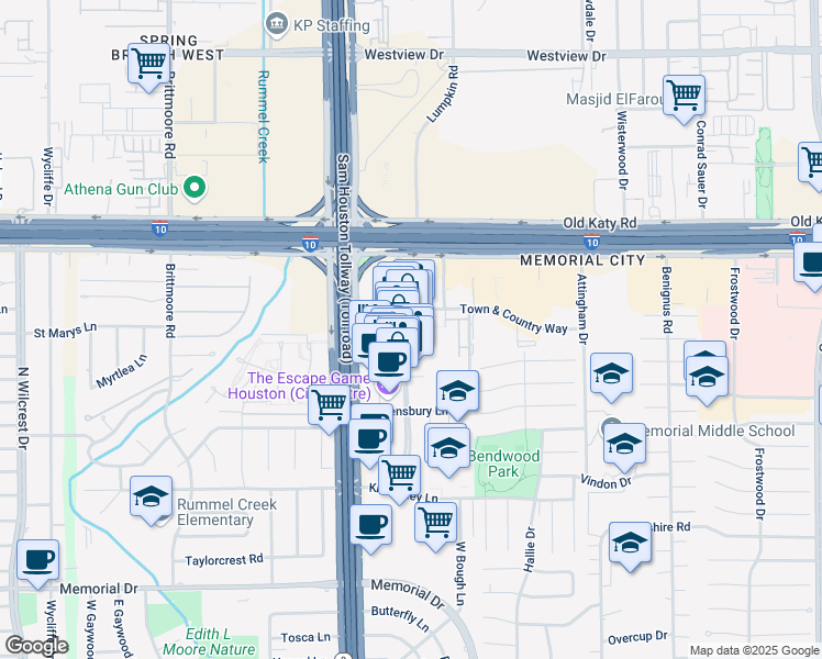 map of restaurants, bars, coffee shops, grocery stores, and more near 815 Town & Country Lane in Houston
