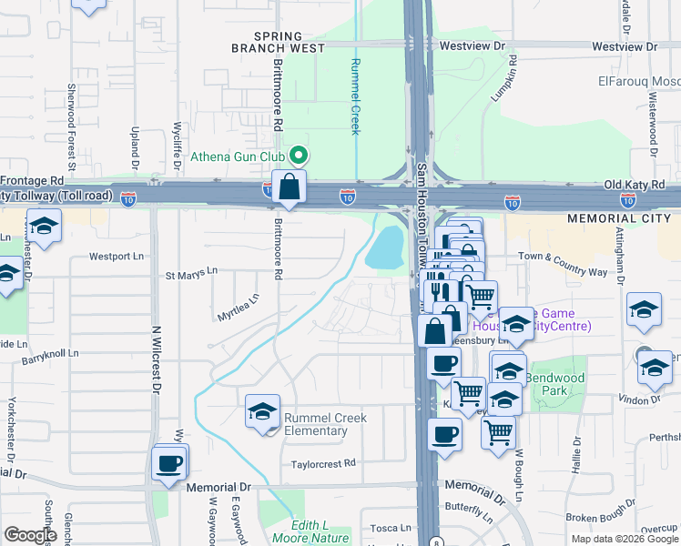 map of restaurants, bars, coffee shops, grocery stores, and more near 13344 Trail Hollow Drive in Houston
