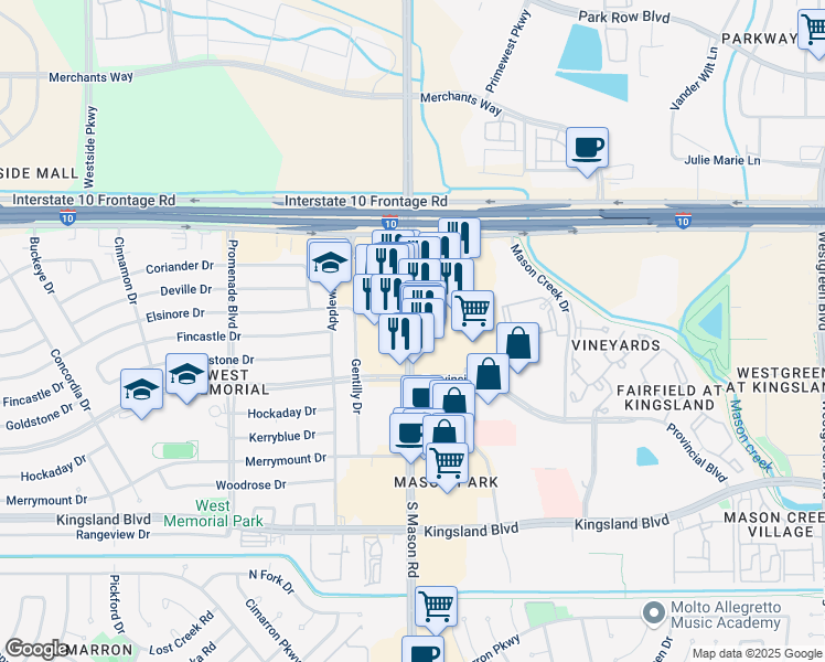 map of restaurants, bars, coffee shops, grocery stores, and more near 347 Mason Road in Katy