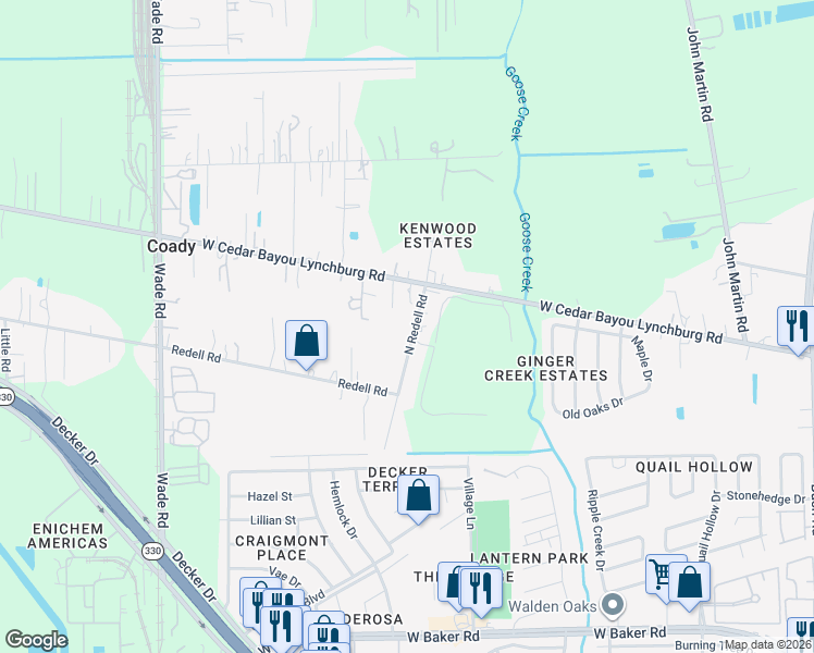 map of restaurants, bars, coffee shops, grocery stores, and more near 5417 North Redell Road in Baytown