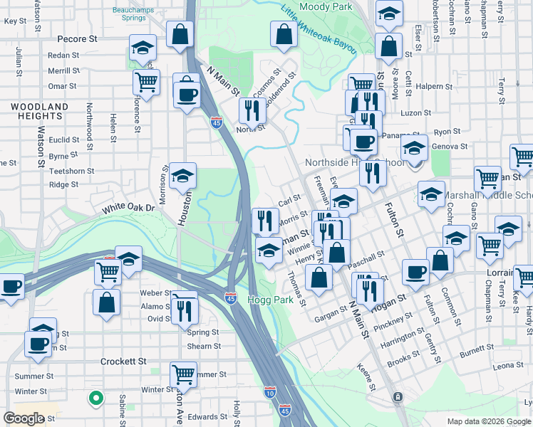 map of restaurants, bars, coffee shops, grocery stores, and more near 2408 Thomas Street in Houston