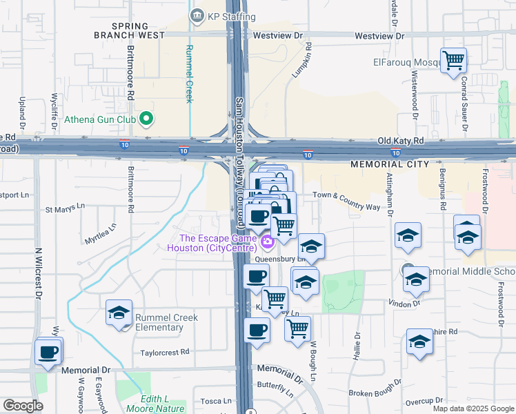 map of restaurants, bars, coffee shops, grocery stores, and more near 800 West Sam Houston Parkway North in Houston