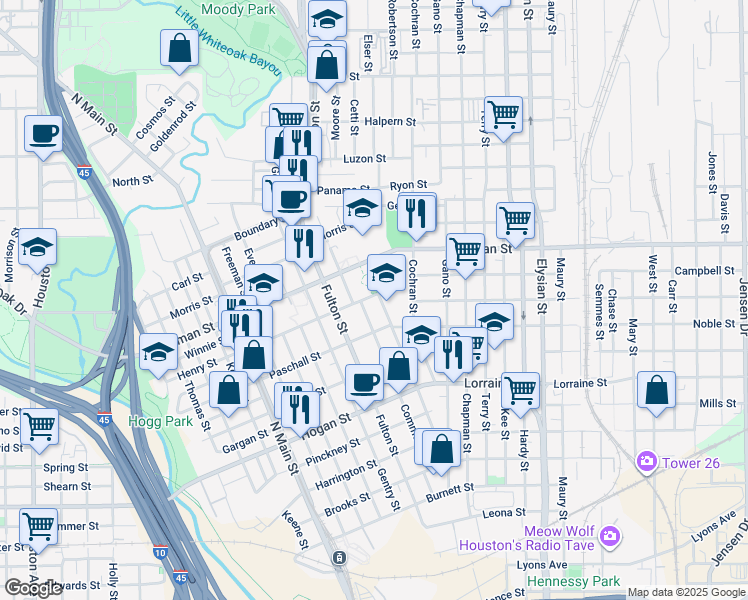 map of restaurants, bars, coffee shops, grocery stores, and more near 2123 Marion Street in Houston