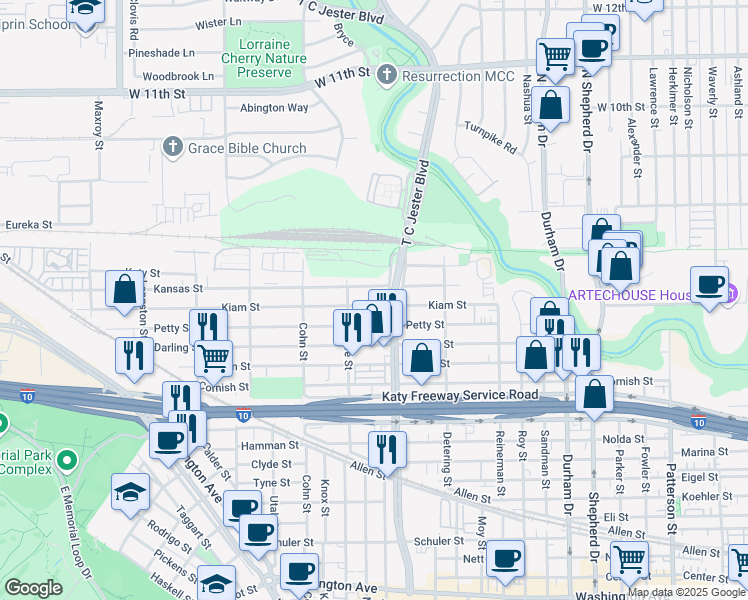 map of restaurants, bars, coffee shops, grocery stores, and more near 5431 Kiam Street in Houston