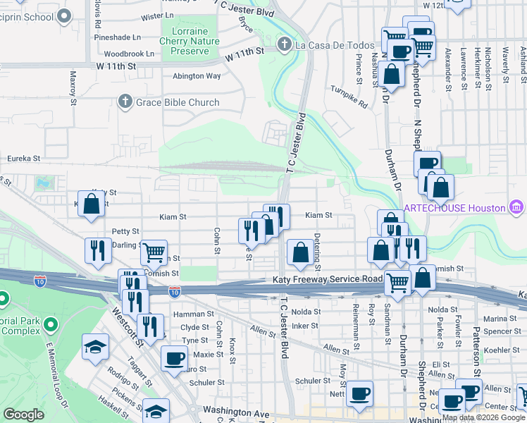 map of restaurants, bars, coffee shops, grocery stores, and more near 5431 Kiam Street in Houston