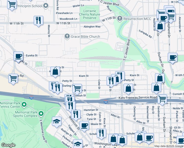 map of restaurants, bars, coffee shops, grocery stores, and more near 5639 Kiam Street in Houston