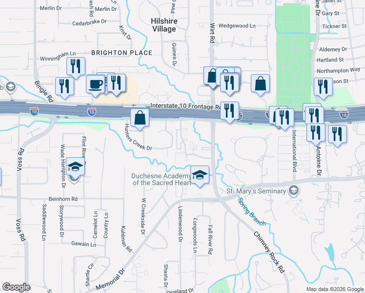 map of restaurants, bars, coffee shops, grocery stores, and more near 300-317 Queen Annes Road in Houston