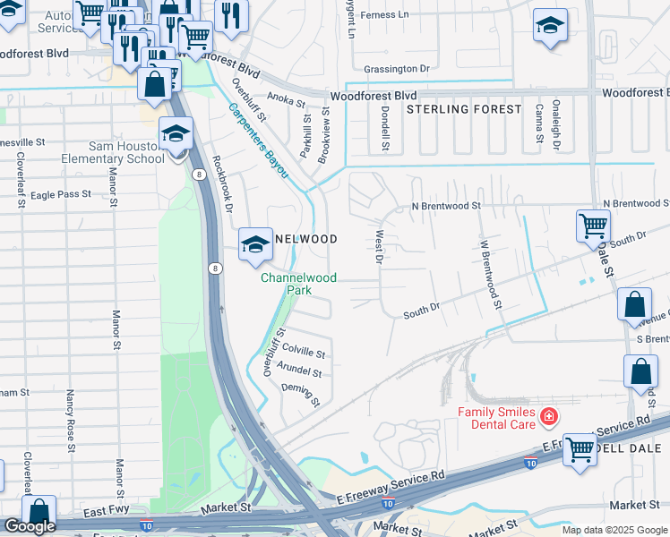 map of restaurants, bars, coffee shops, grocery stores, and more near 14938 Woodford Drive in Channelview