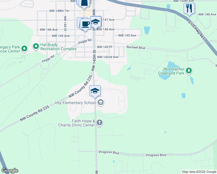 map of restaurants, bars, coffee shops, grocery stores, and more near 13825 Northwest 137th Place in Alachua