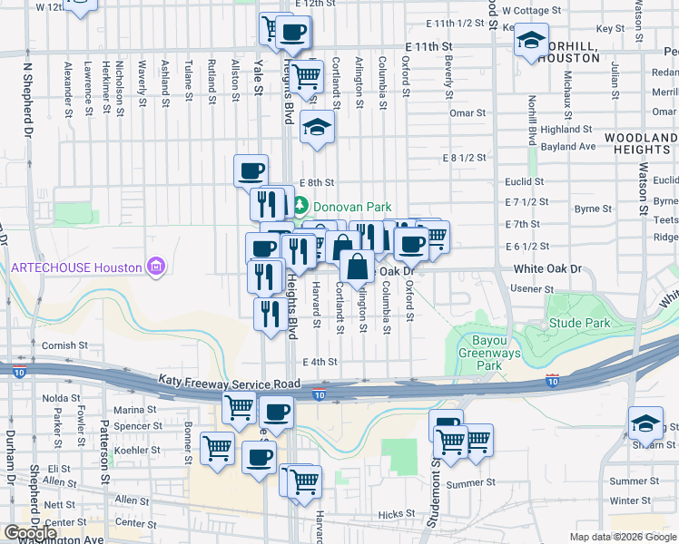 map of restaurants, bars, coffee shops, grocery stores, and more near White Oak Dr & Cortlandt St in Houston