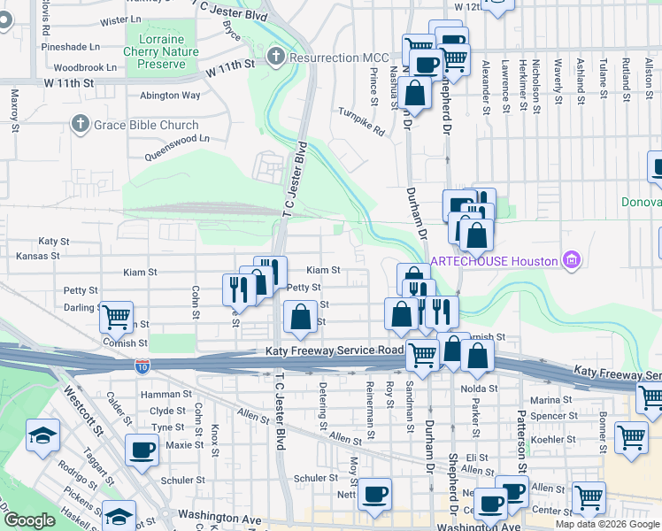 map of restaurants, bars, coffee shops, grocery stores, and more near 5224 Petty Street in Houston