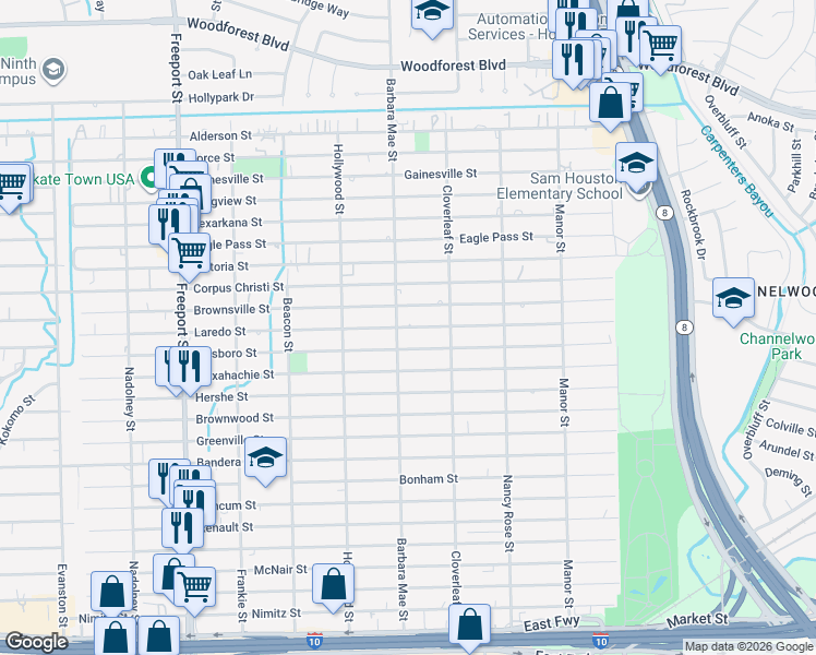 map of restaurants, bars, coffee shops, grocery stores, and more near 14319 Hillsboro Street in Houston