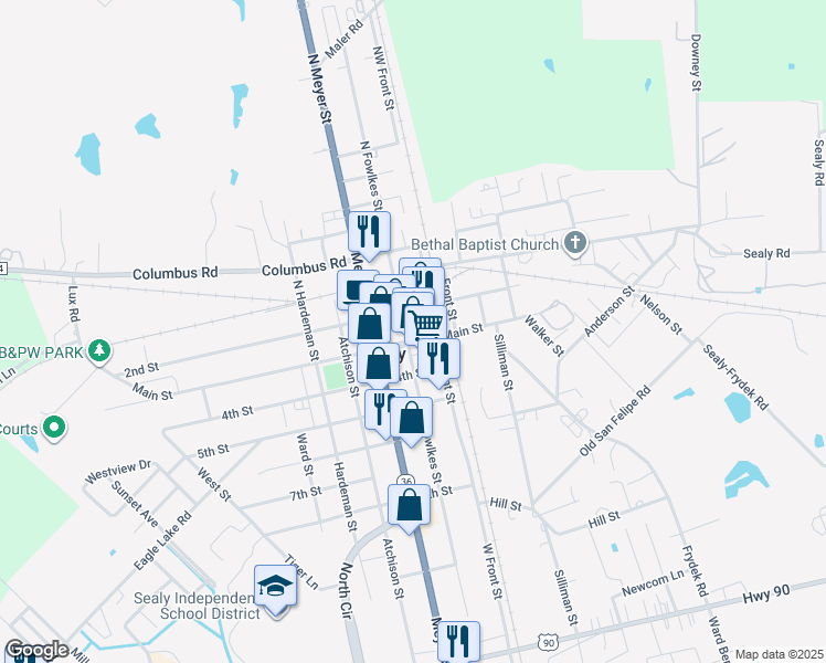 map of restaurants, bars, coffee shops, grocery stores, and more near 224 Fowlkes Street in Sealy