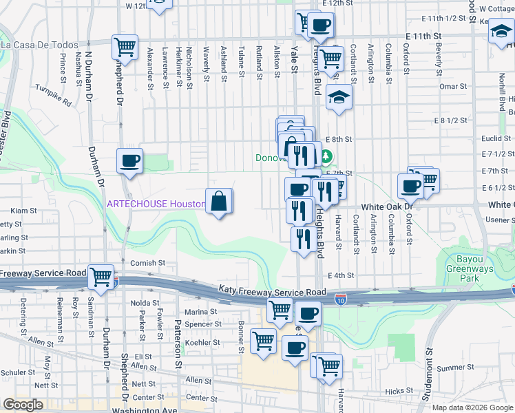 map of restaurants, bars, coffee shops, grocery stores, and more near 603 Rutland Street in Houston