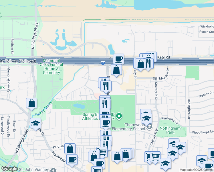 map of restaurants, bars, coffee shops, grocery stores, and more near 1155 North Dairy Ashford Road in Houston