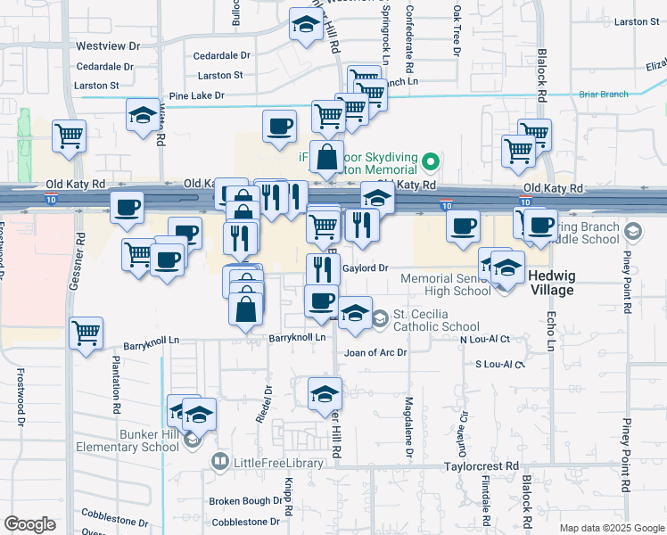 map of restaurants, bars, coffee shops, grocery stores, and more near 945 Bunker Hill Road in Houston