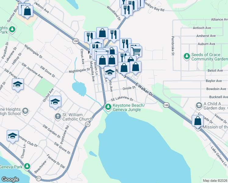 map of restaurants, bars, coffee shops, grocery stores, and more near 505 Southeast Palmetto Avenue in Keystone Heights