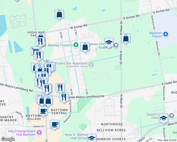 map of restaurants, bars, coffee shops, grocery stores, and more near 5200 East Road in Baytown