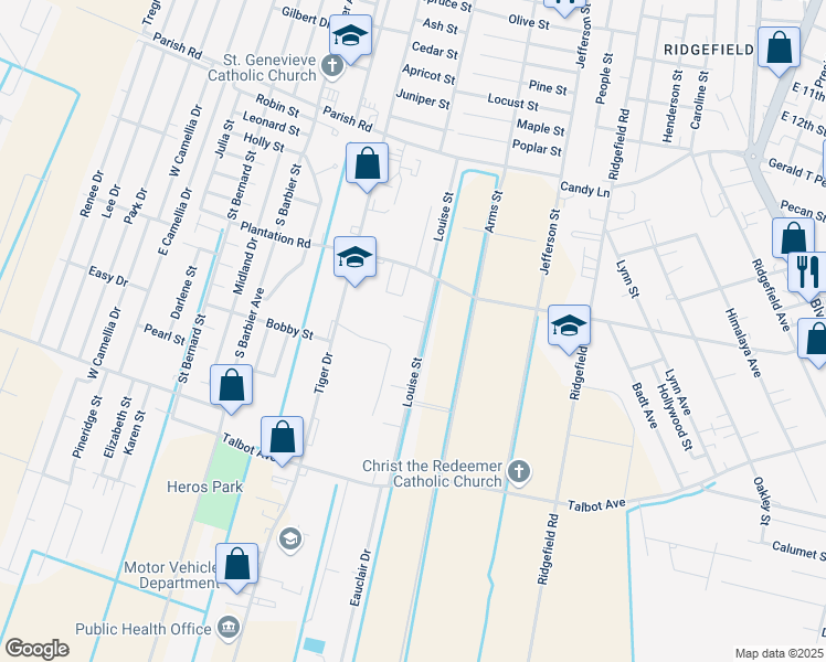map of restaurants, bars, coffee shops, grocery stores, and more near 1301-1399 Louise Street in Thibodaux
