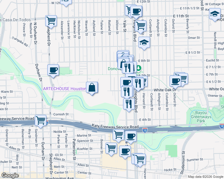 map of restaurants, bars, coffee shops, grocery stores, and more near 603 Rutland Street in Houston
