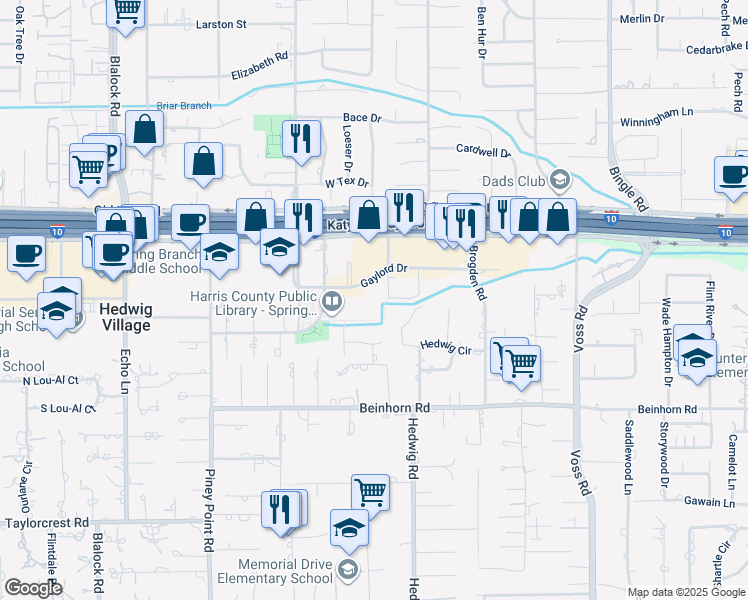 map of restaurants, bars, coffee shops, grocery stores, and more near 9017 Gaylord Drive in Houston