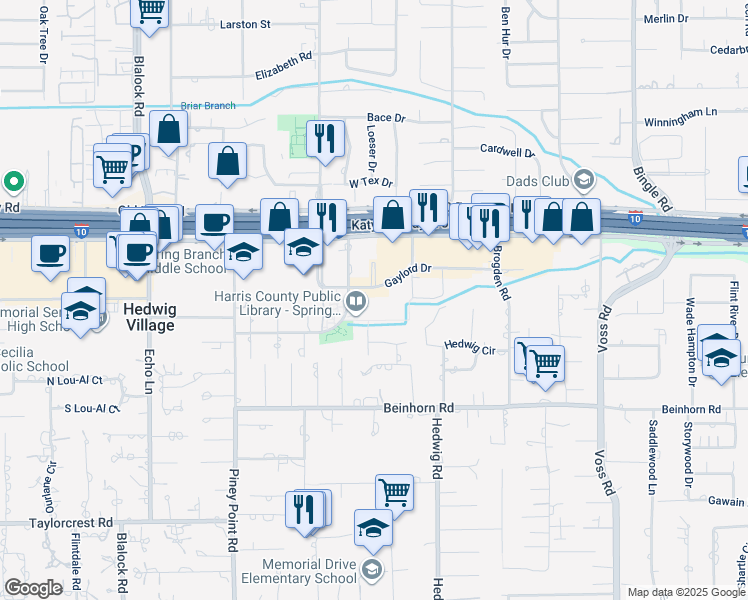 map of restaurants, bars, coffee shops, grocery stores, and more near 9017 Gaylord Drive in Houston