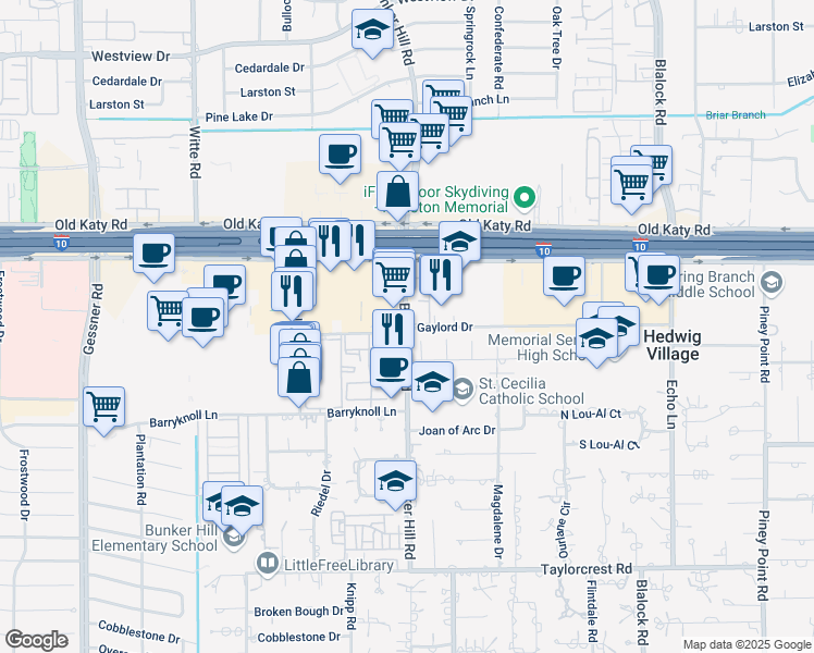 map of restaurants, bars, coffee shops, grocery stores, and more near 937 Bunker Hill Road in Houston