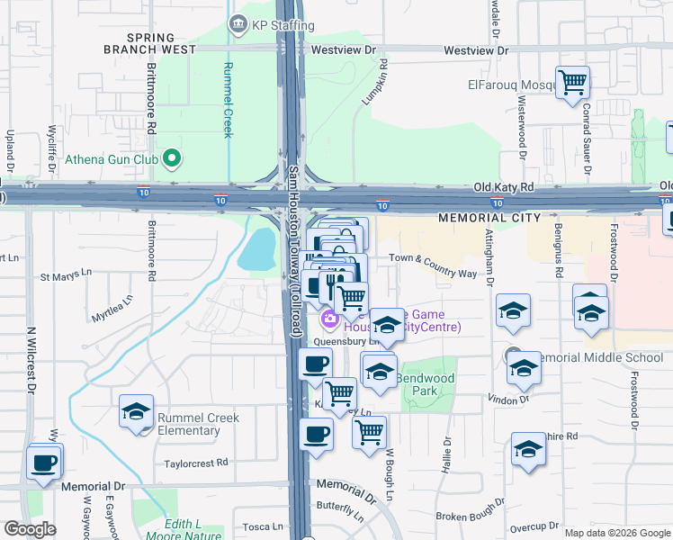 map of restaurants, bars, coffee shops, grocery stores, and more near 815 Town & Country Lane in Houston