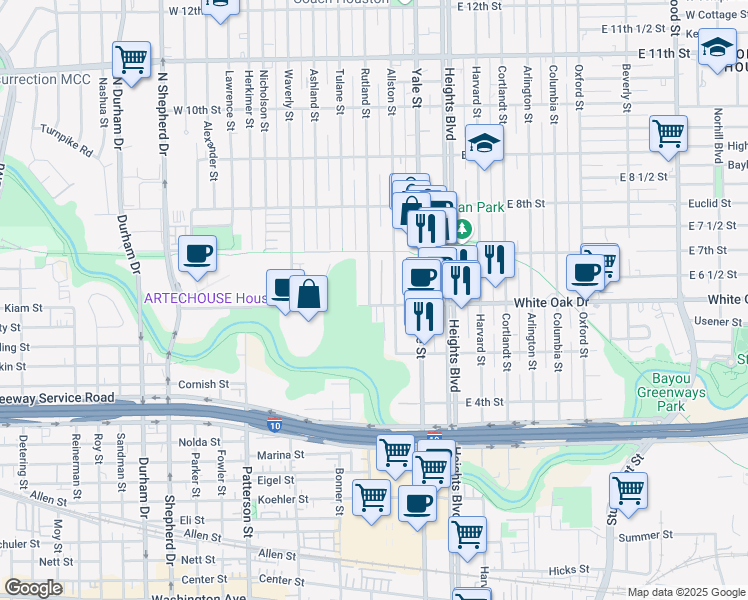 map of restaurants, bars, coffee shops, grocery stores, and more near 603 Rutland Street in Houston