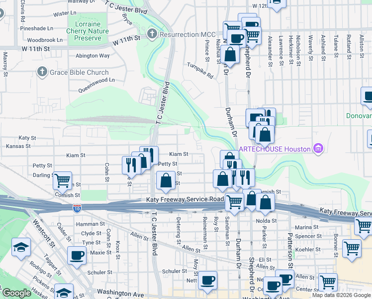map of restaurants, bars, coffee shops, grocery stores, and more near 5224 Petty Street in Houston