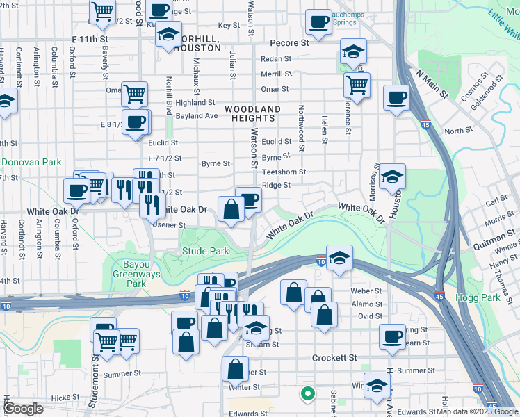 map of restaurants, bars, coffee shops, grocery stores, and more near 736 Usener Street in Houston