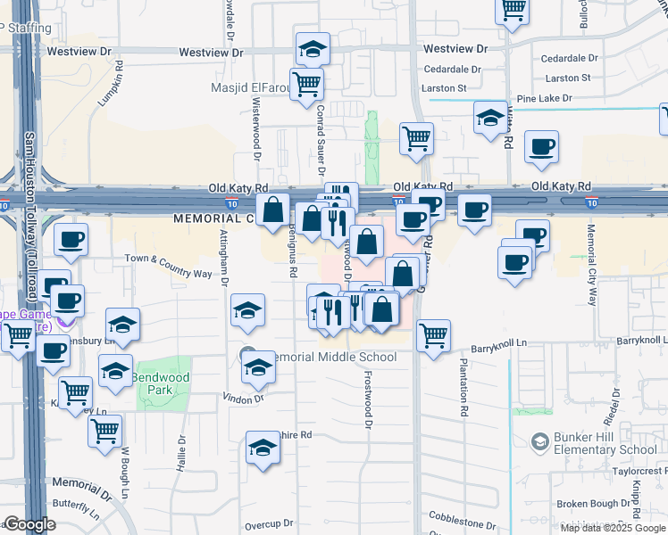 map of restaurants, bars, coffee shops, grocery stores, and more near 959 Frostwood Drive in Houston