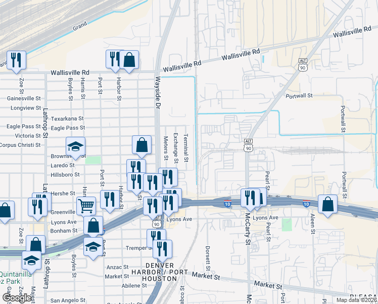 map of restaurants, bars, coffee shops, grocery stores, and more near 427 Terminal Street in Houston