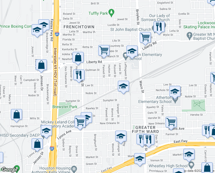 map of restaurants, bars, coffee shops, grocery stores, and more near 2102 Pannell Street in Houston