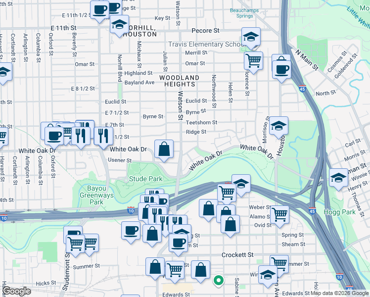 map of restaurants, bars, coffee shops, grocery stores, and more near 736 Usener Street in Houston